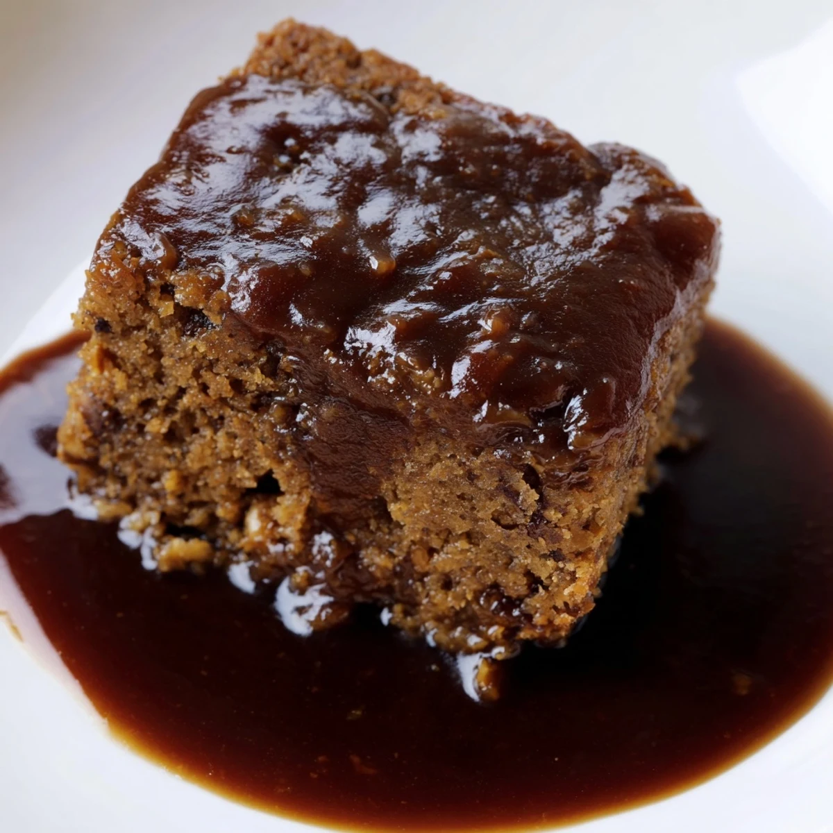 A close-up shot of decadent, golden Weekend Cabin-Style Sticky Toffee Pudding, ready to serve with sauce.