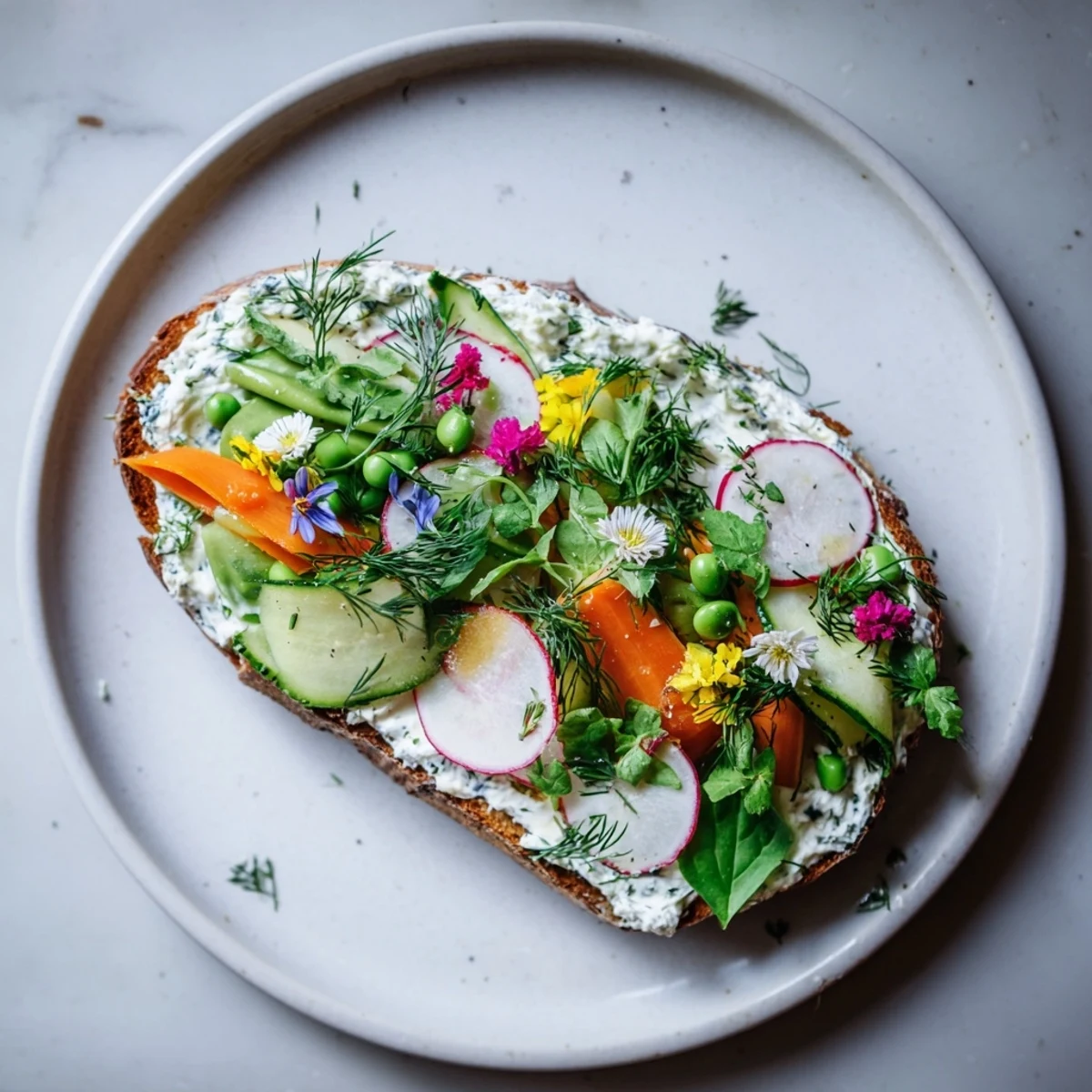 Golden, toasted bread supporting Fresh Meadow-Inspired Garden Vegetable Tartines, vibrant vegetables, and creamy cheese.