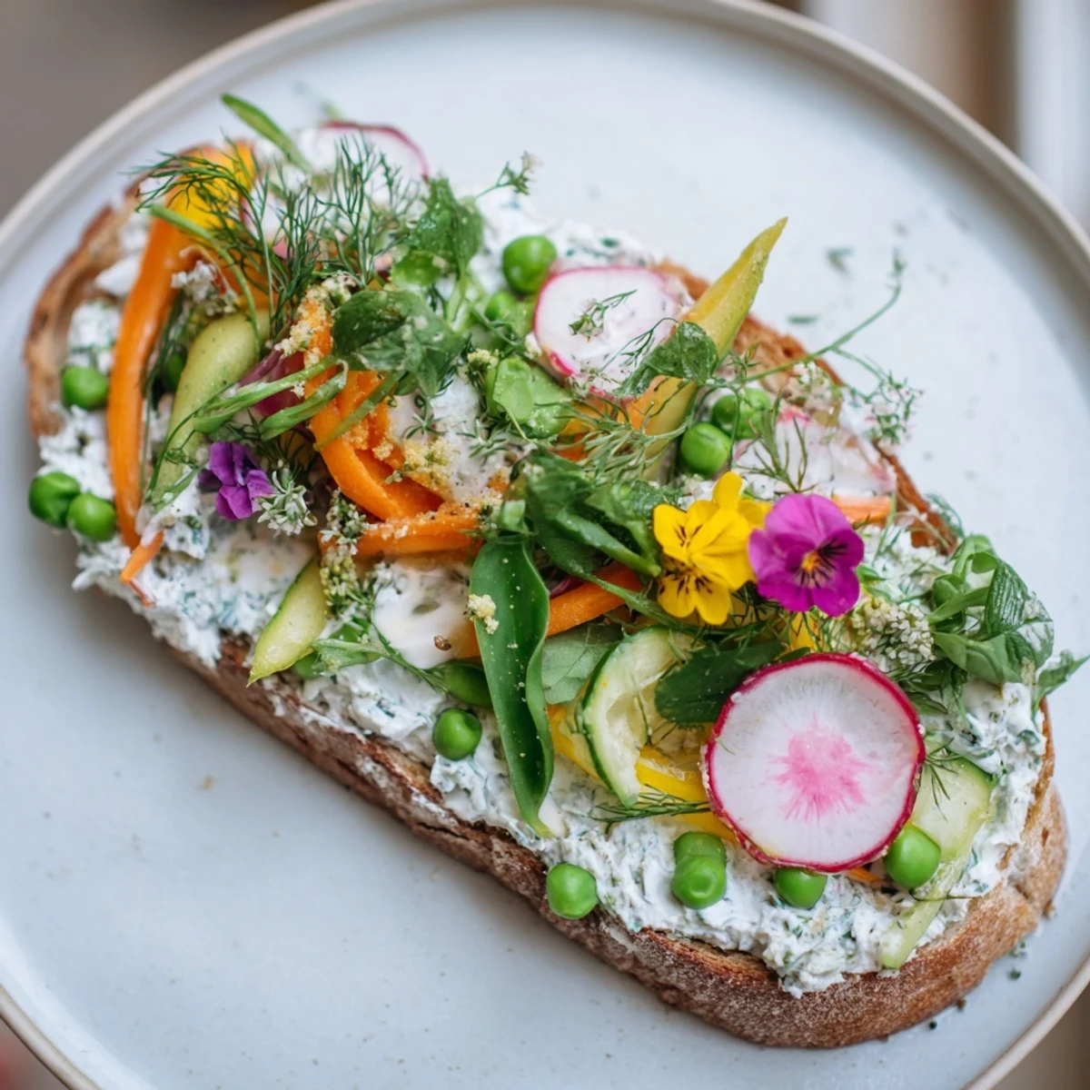 A close-up of colorful Fresh Meadow-Inspired Garden Vegetable Tartines, ready to eat, with fresh herbs sprinkled on top.