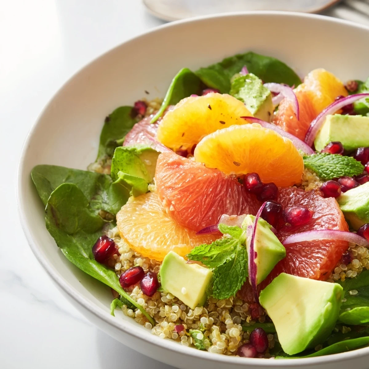 Fresh Citrus & Avocado Quinoa Bowl with bright orange segments and creamy avocado, ready to eat.