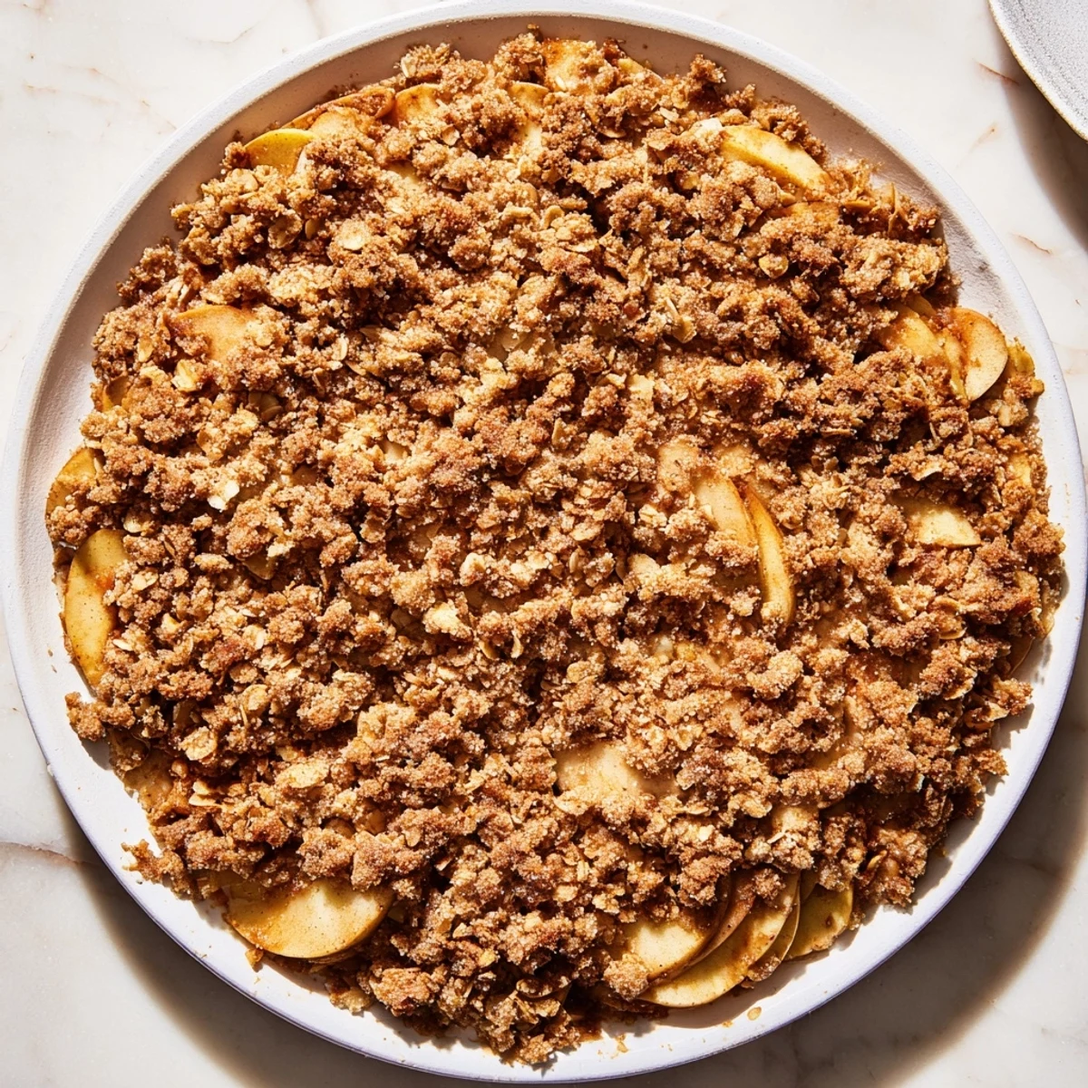 Warm Rustic Apple Cinnamon Crumble: golden, bubbly photo of a warm, comforting dessert, ideal with vanilla ice cream.