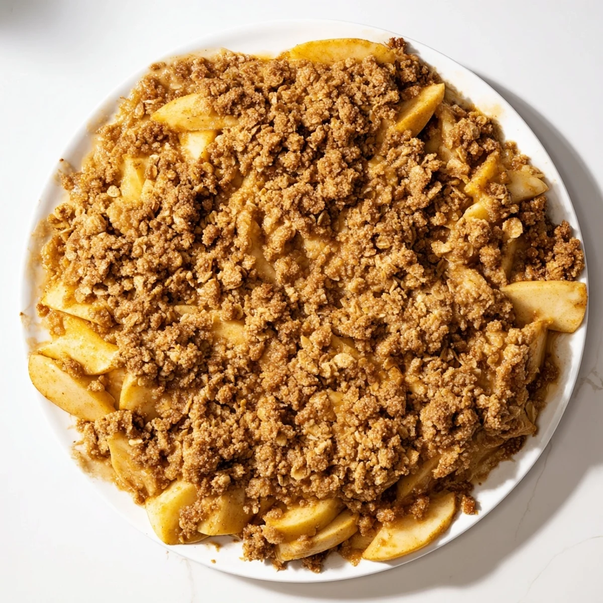 Freshly baked Warm Rustic Apple and Cinnamon Crumble, featuring a crisp, buttery topping and tender, spiced apples.