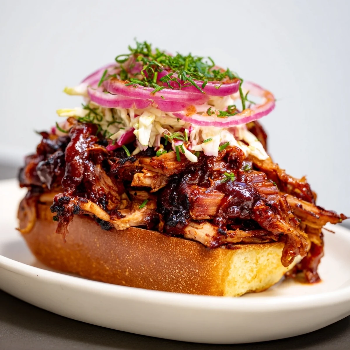 Savory fire-kissed BBQ pulled pork sandwiches with crispy edges, ready to be enjoyed with flavorful sauces.