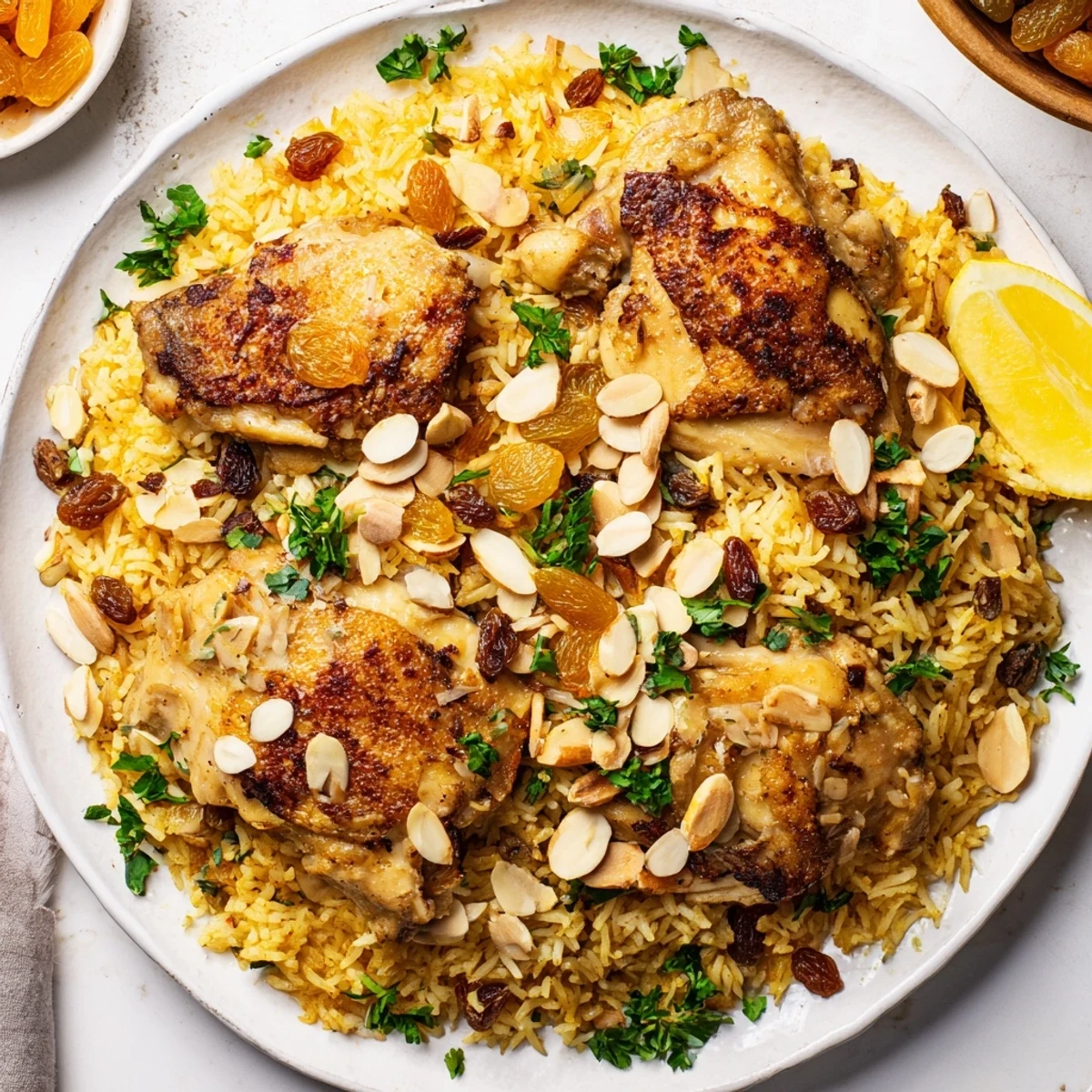Golden saffron chicken and rice pilaf, a one-pot meal showcasing fluffy rice and tender chicken.