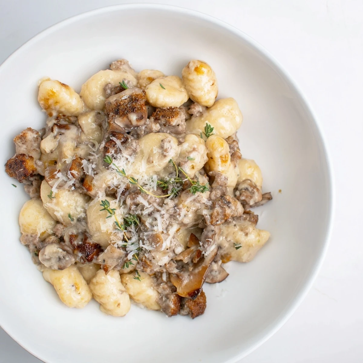 A close-up shot of Woodsy Skillet Sausage and Mushroom Gnocchi, ready to serve with creamy sauce.