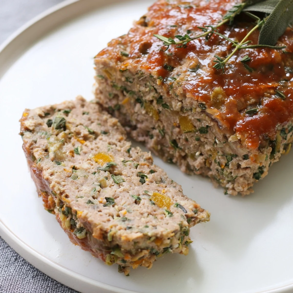 Savory Everyday Herb-Sprigged Turkey Meatloaf, baked to golden perfection, ready for serving with sides.