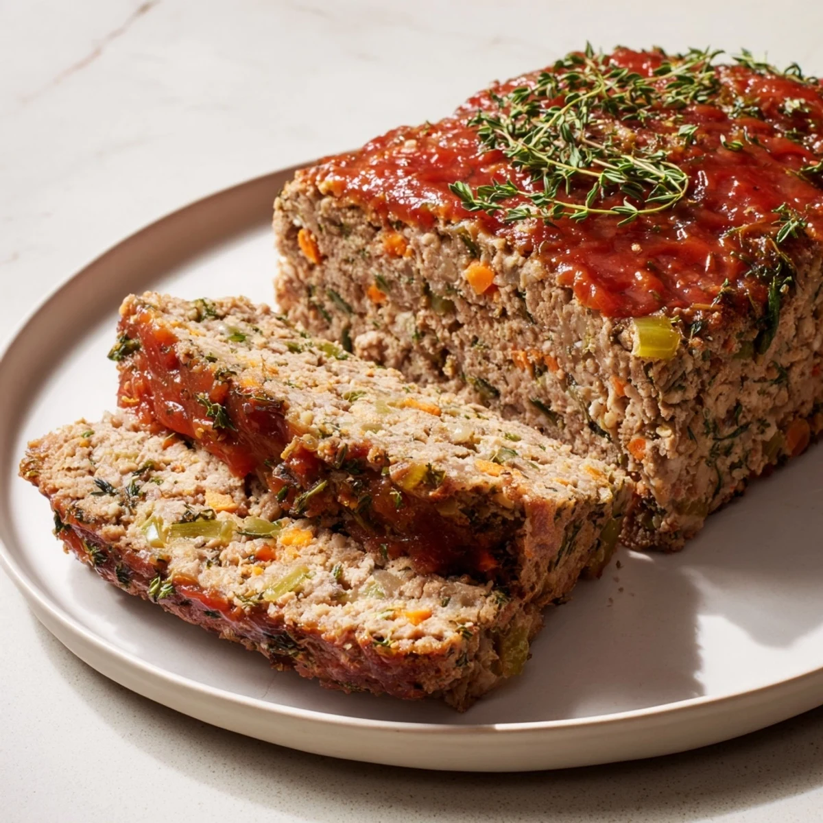 Enjoy a hearty slice of Everyday Herb-Sprigged Turkey Meatloaf, brimming with fresh herbs and a comforting aroma.