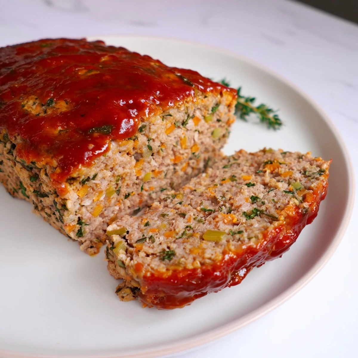 This juicy Everyday Herb-Sprigged Turkey Meatloaf showcases a perfectly caramelized ketchup glaze, enticing your senses.