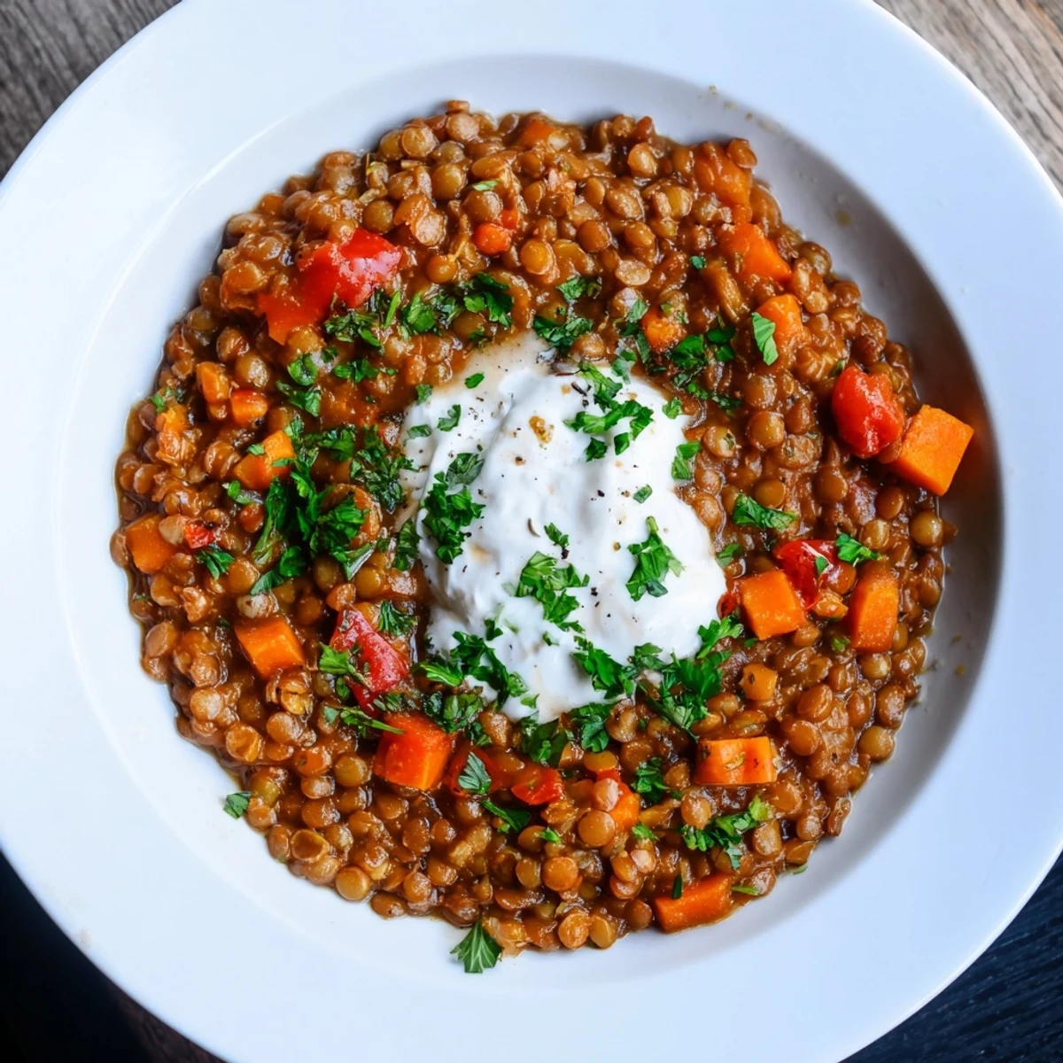 Steaming bowl of Wheat-Warm Hearty Lentil Curry, featuring tender lentils and vibrant vegetables, ready to serve.