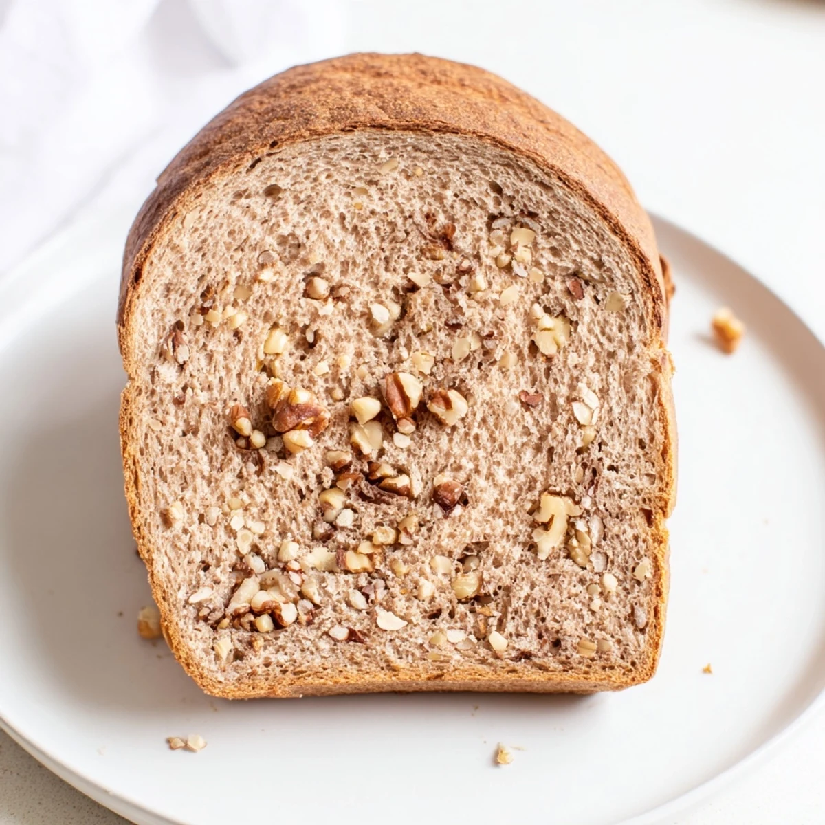 Enjoying a slice: This Nutty Whole Wheat Loaf Bread features a soft interior and satisfying nut pieces.