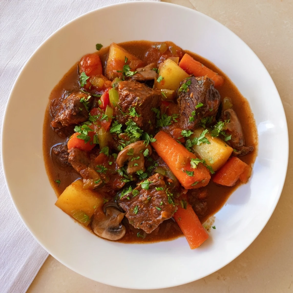 Golden, crusty homemade bread served alongside a steaming bowl of earthy beef stew.