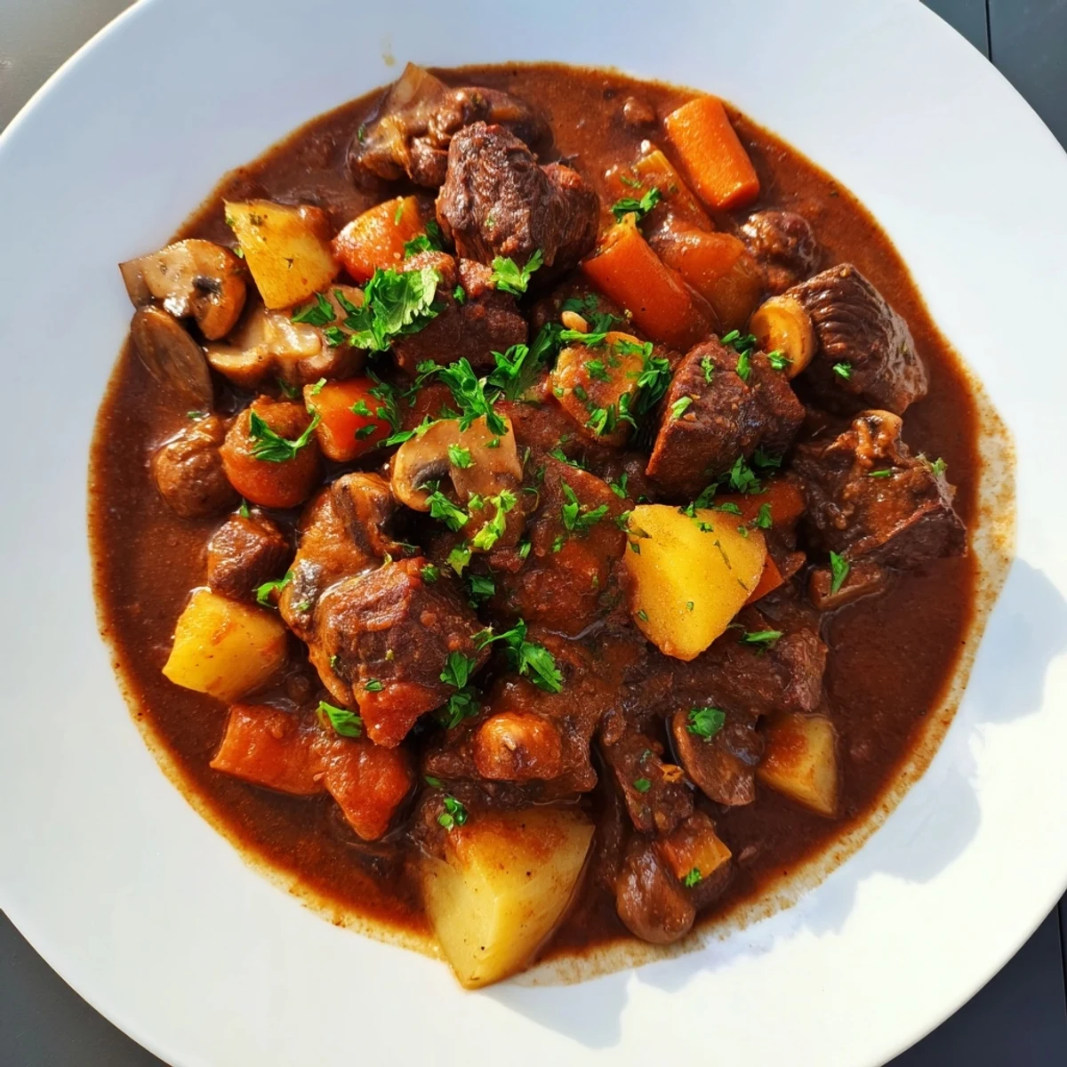 A close-up of hearty earthy beef stew with chunks of beef and bread for dipping.