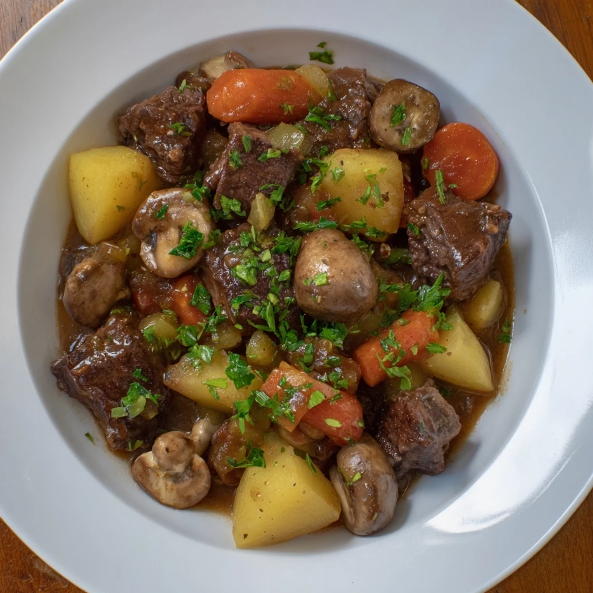 Flavorful earthy beef stew with tender vegetables and crusty bread, perfect comfort food.