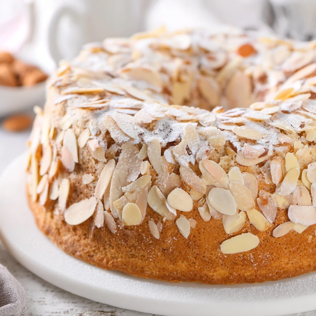Golden-brown soft sweet plum-infused almond cake, topped with toasted almonds, ready to serve and enjoy.
