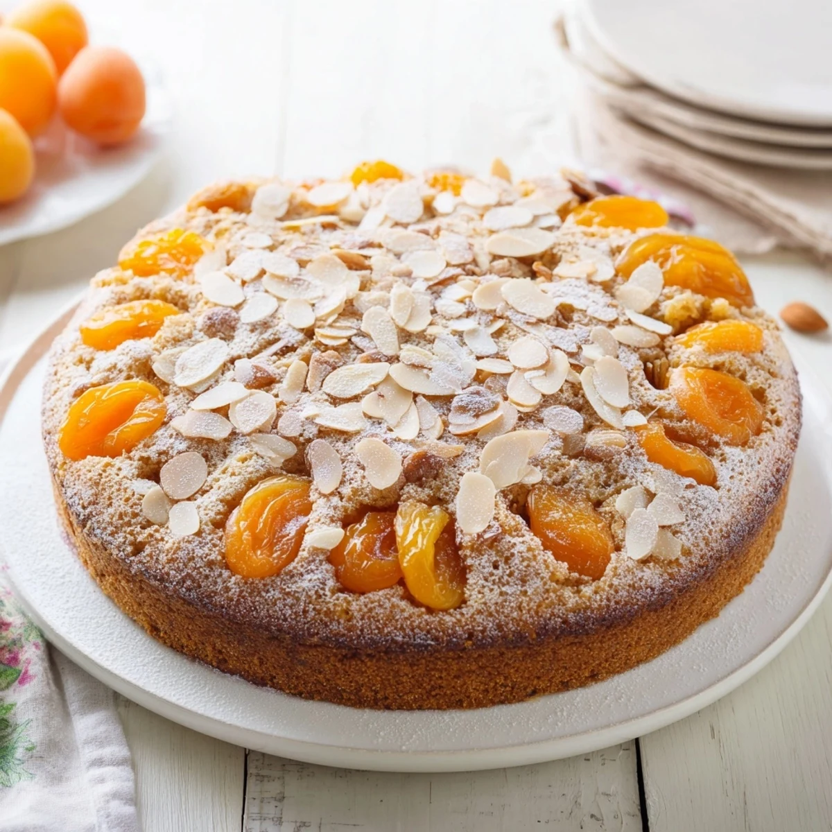 A warm slice of soft sweet plum-infused almond cake with visible juicy plums and delicious aromas.