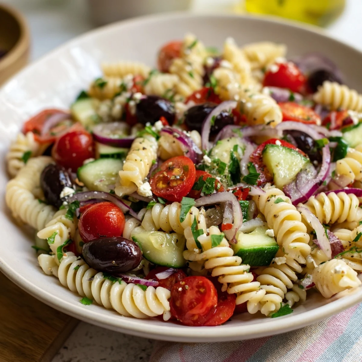 Mediterranean Olive Oil and Feta Pasta Salad, a colorful mix of veggies and crumbled feta.