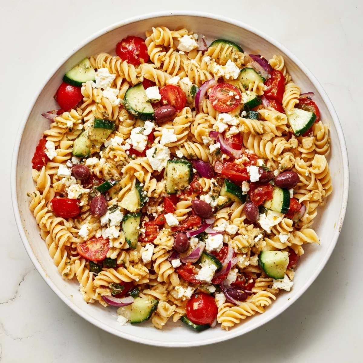Enjoy a refreshing bowl of chilled Mediterranean Olive Oil and Feta Pasta Salad with flavorful dressing.