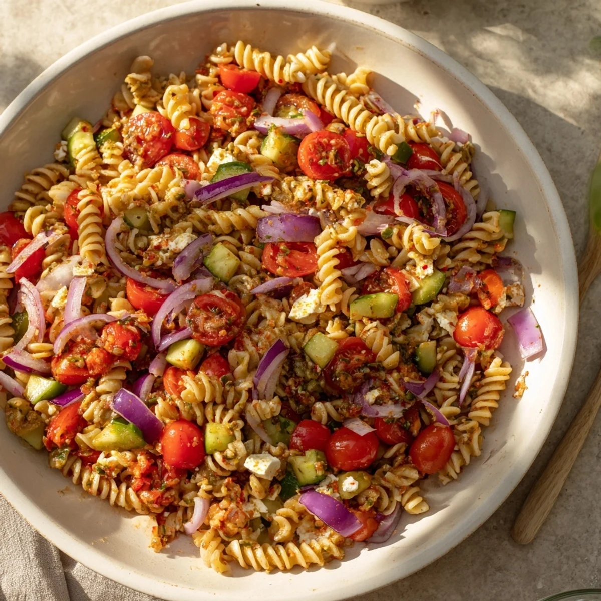 Tangy olives and fresh herbs top this delicious Mediterranean Olive Oil and Feta Pasta Salad.