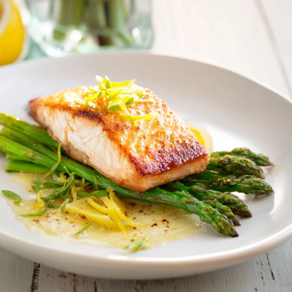 Crispy-skinned salmon glistening with lemon-butter sauce alongside asparagus; a quick, healthy weeknight dinner recipe.