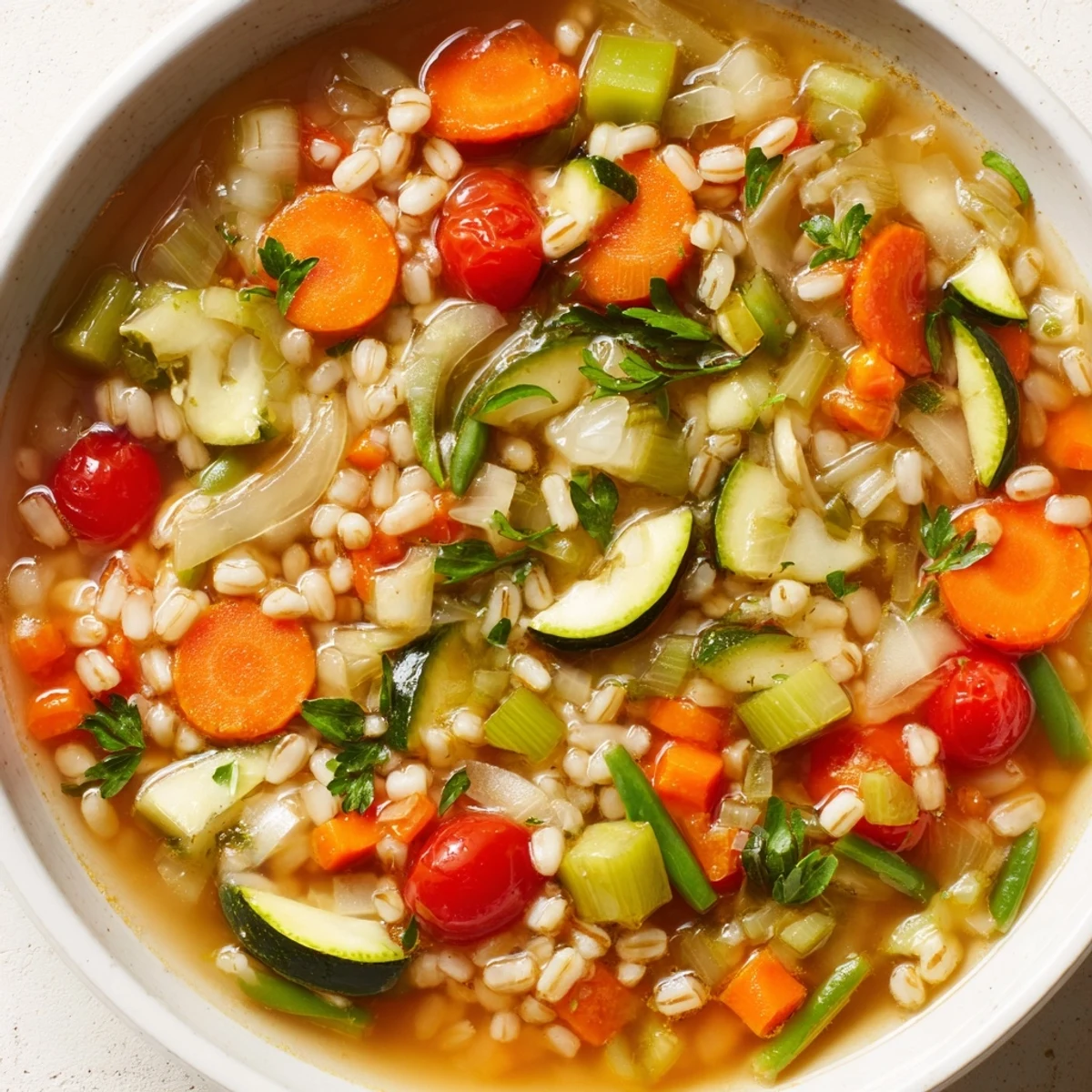 Steaming bowl of simple homemade grain and vegetable soup with vibrant veggies and parsley garnish.