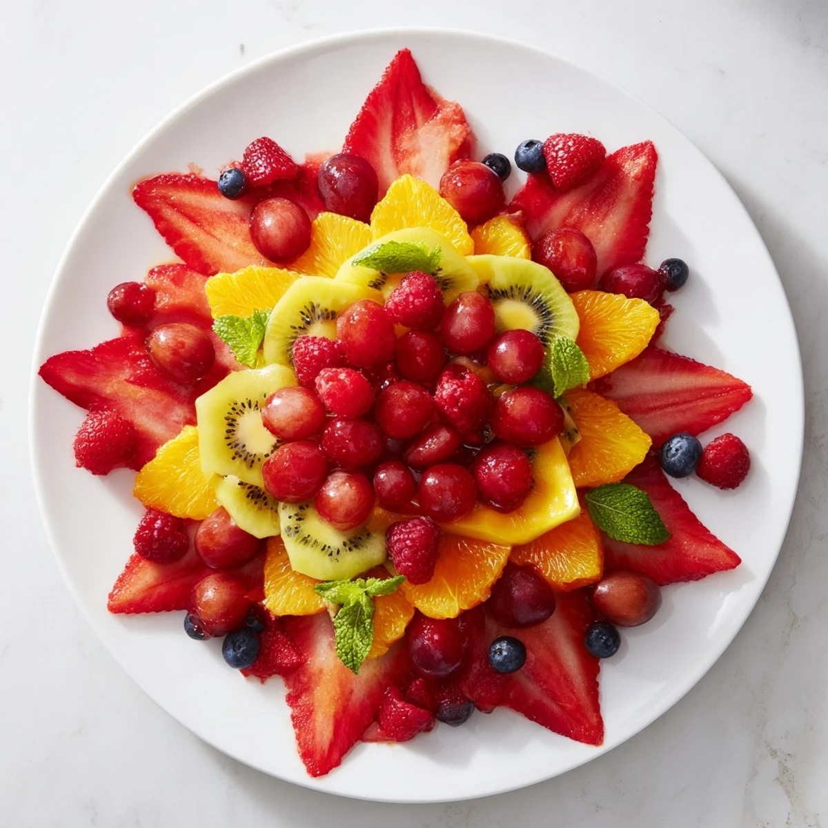 A visually stunning Festive Poinsettia Fruit Bowl with ruby-red strawberries and a sweet honey-lime glaze.