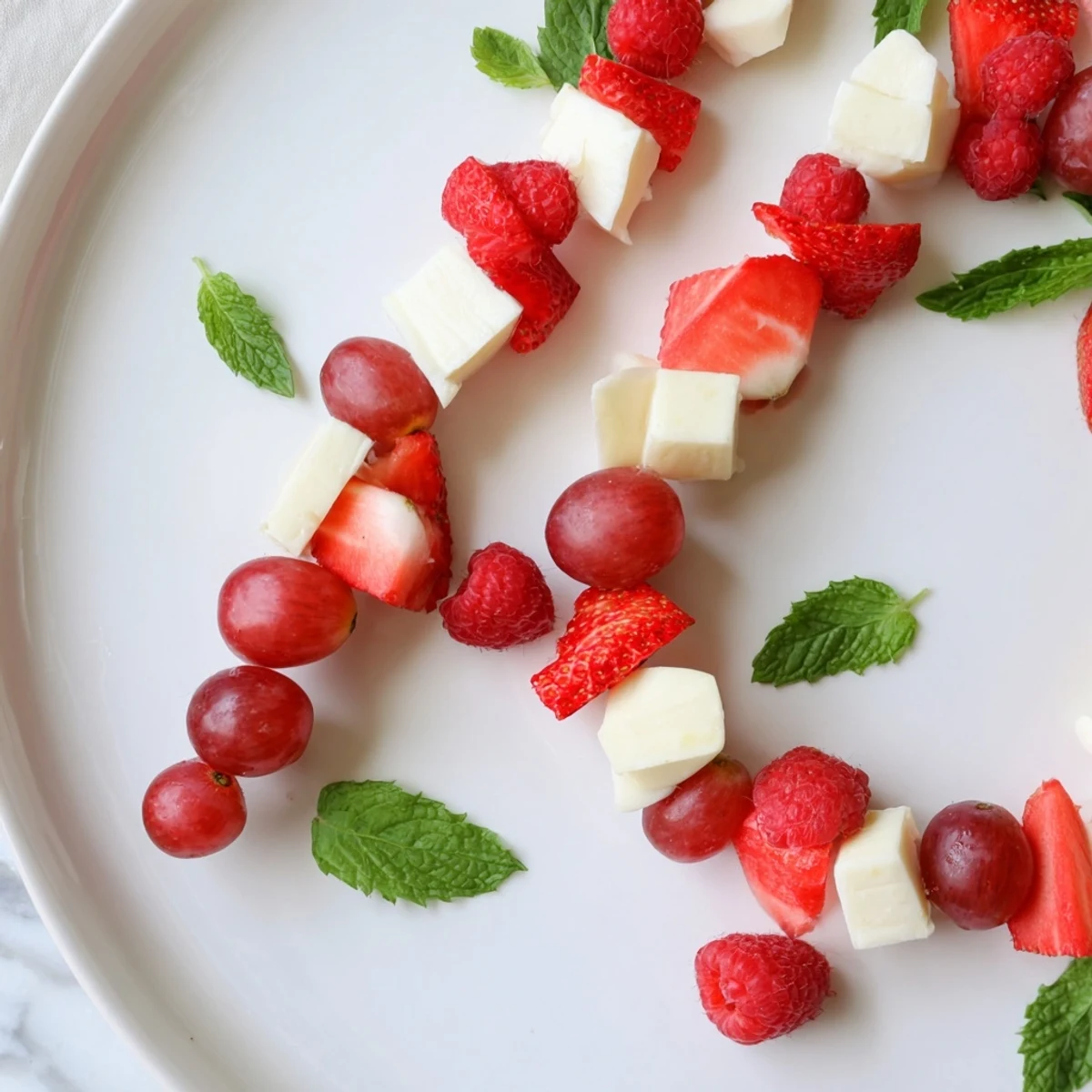 Vibrant Candy Cane Stripe Fruit and Cheese appetizer with red berries, white cheeses, and fresh mint.