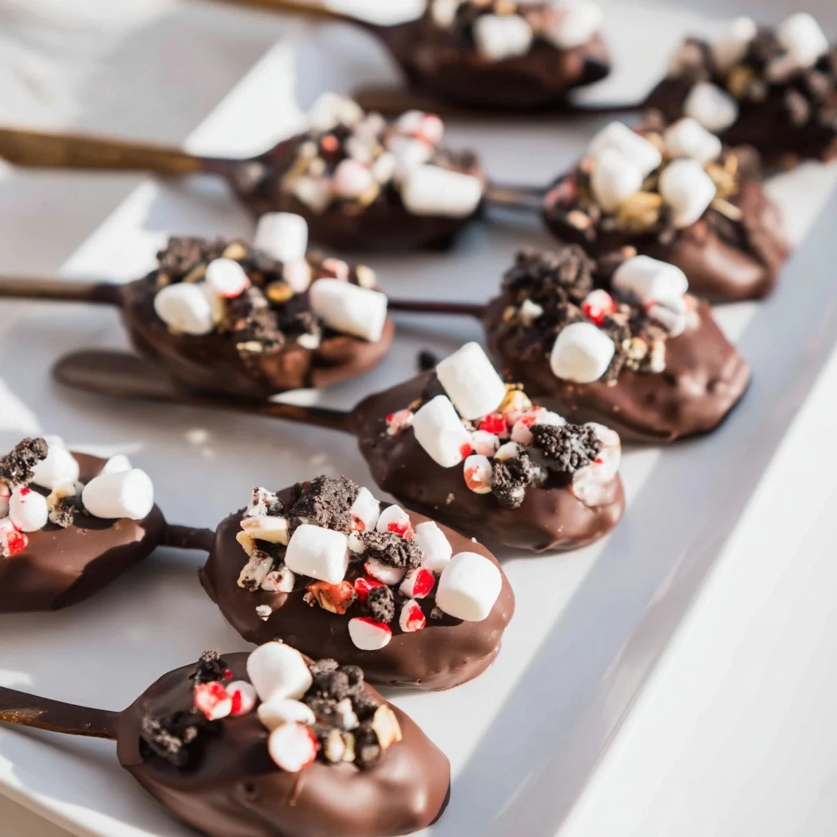 A festive Hot Chocolate Spoon Toppings Board overflowing with mini marshmallows and crushed candy pieces.
