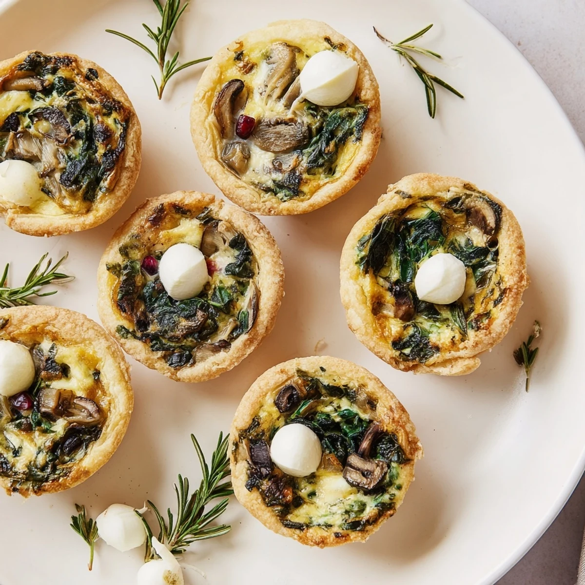 Mini Quiche Holiday Village Board arranged with rosemary trees, a festive appetizer perfect for sharing.