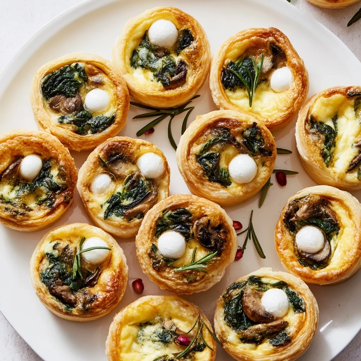 Golden-baked mini quiches artfully arranged as a holiday village, ready to enjoy with family and friends.