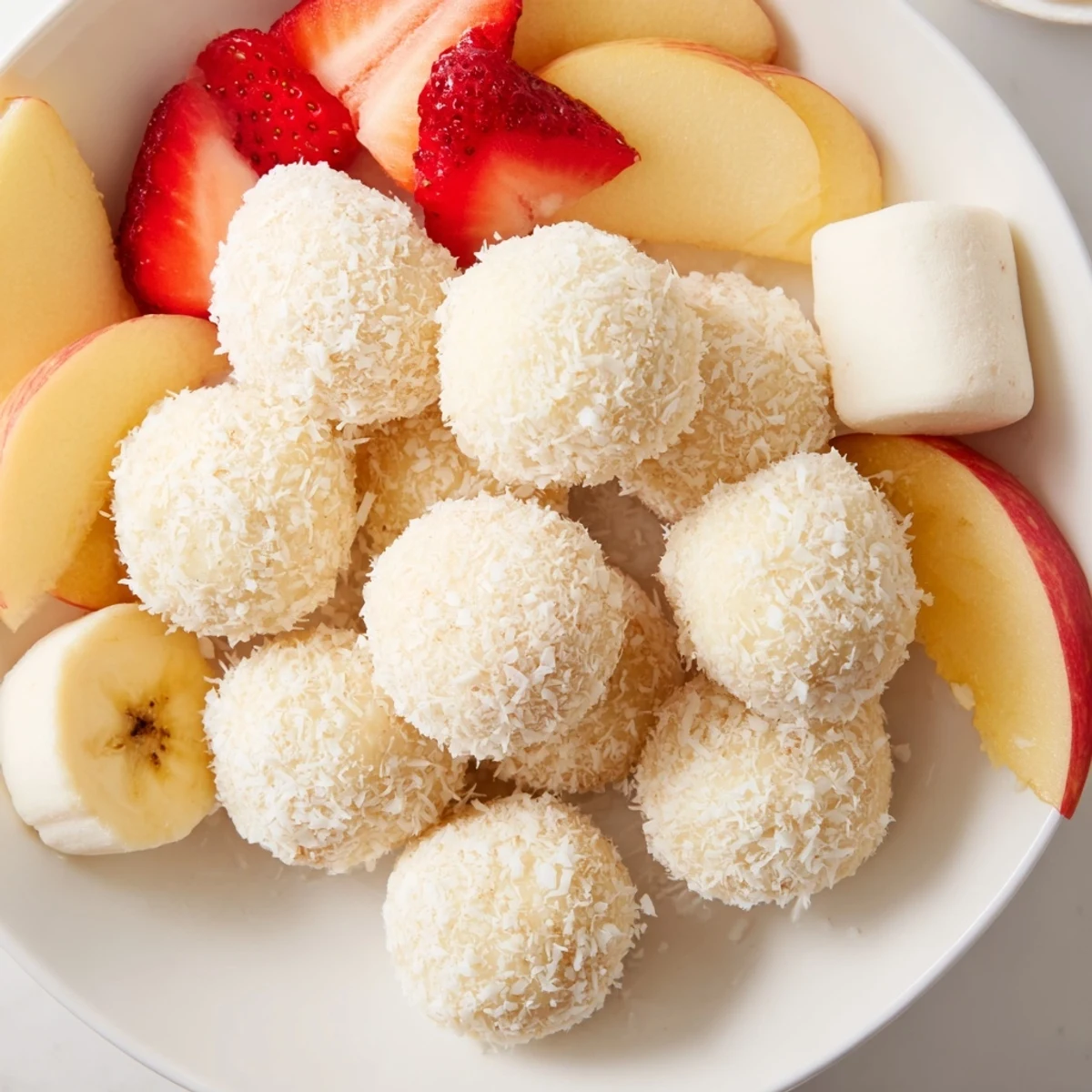 Creamy Marshmallow Snowball Dip Platter, served with fresh fruit and crunchy pretzels, ideal for parties.