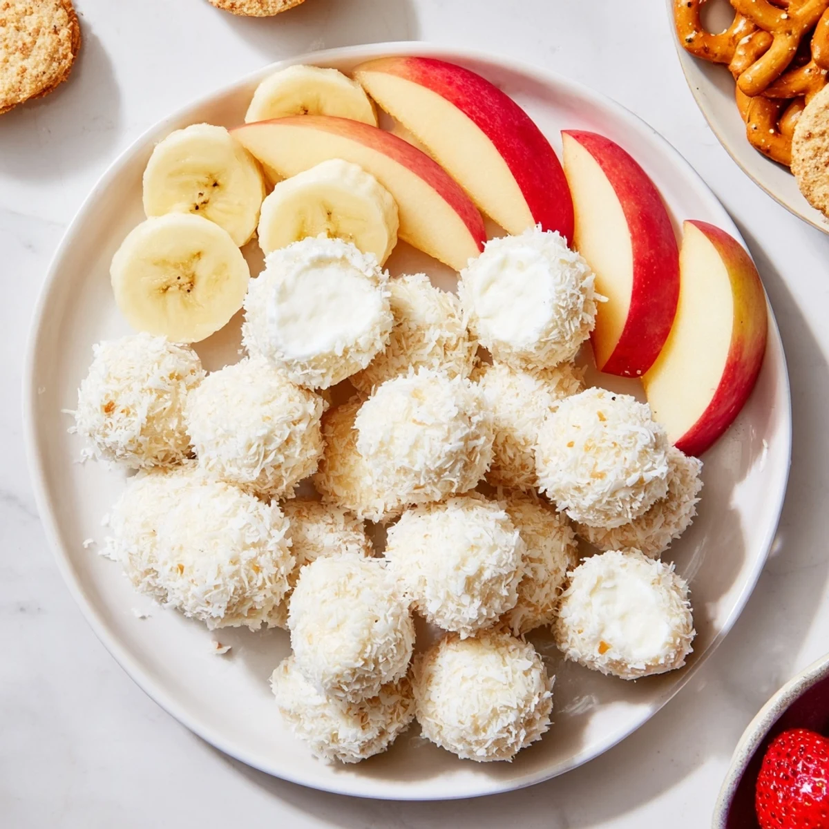 Delicious and fun Marshmallow Snowball Dip Platter, a sweet treat with coconut-covered marshmallow balls and fruit.