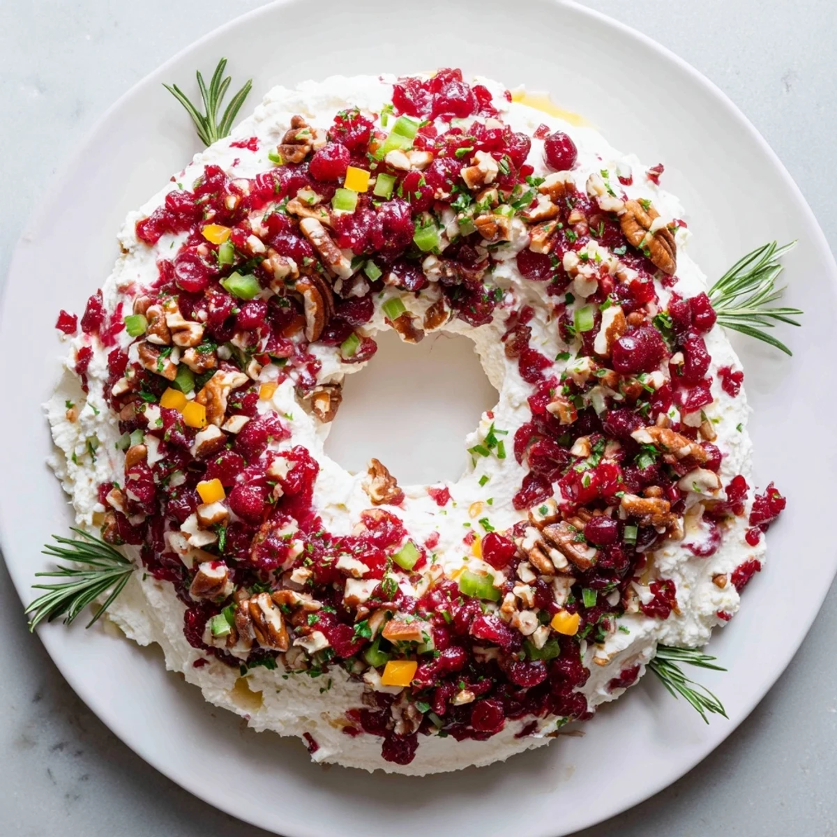 A delightful view of Cranberry Feta Dip Wreath, a creamy party appetizer served with crackers.