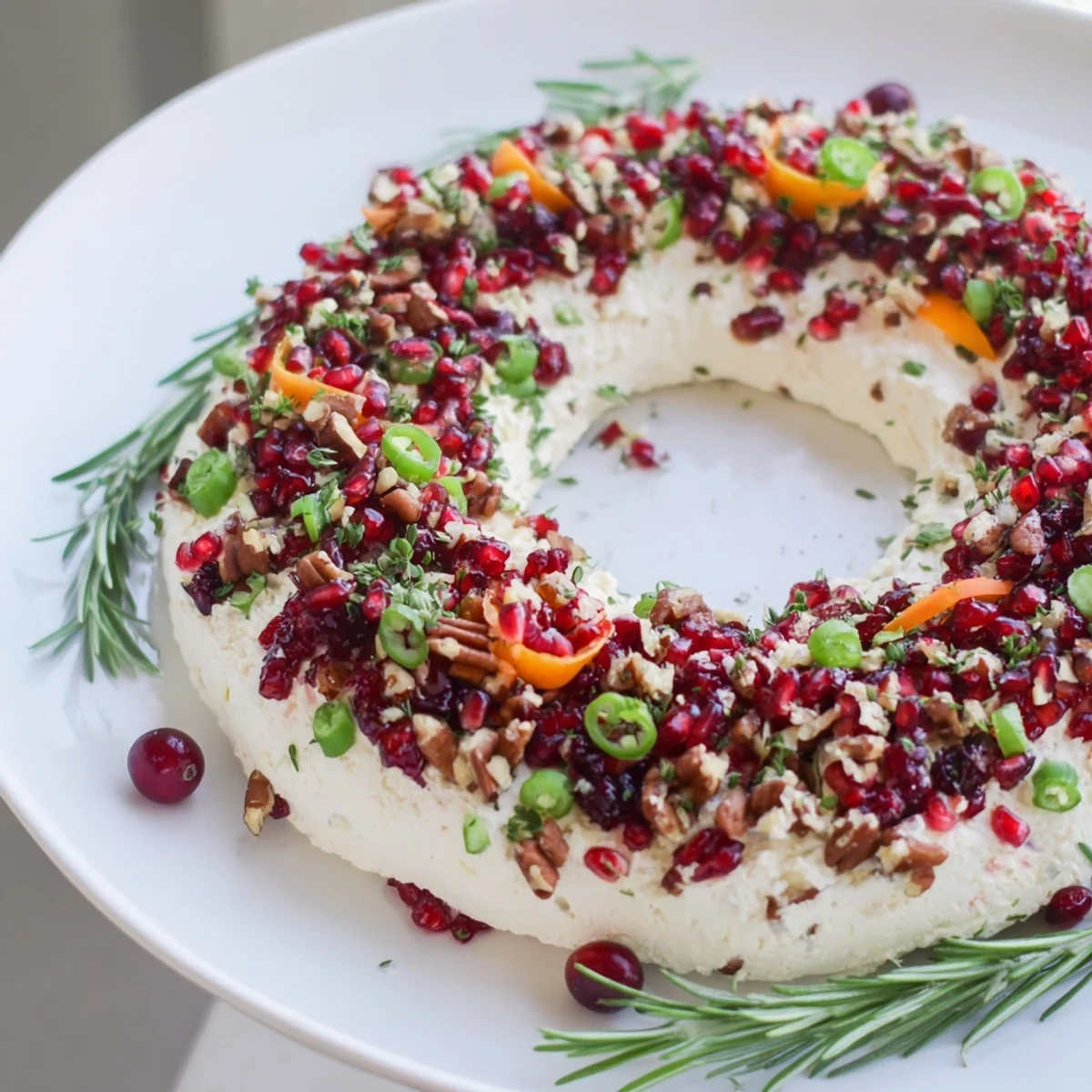 Freshly made Cranberry Feta Dip Wreath, garnished with rosemary sprigs, ready for holiday celebrations.