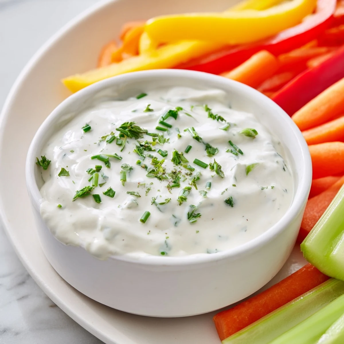 Delicious Kids Dip: Cream Cheese and Ranch Dip, ready to be scooped up with assorted veggie sticks for dipping.