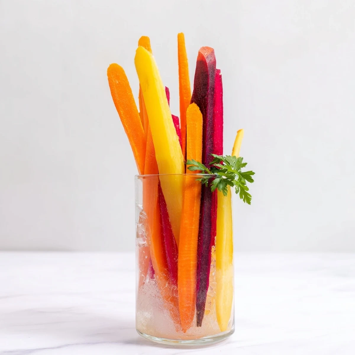 Simple Crudités: a rainbow of crisp carrot sticks standing tall in elegant glasses, ready to enjoy.