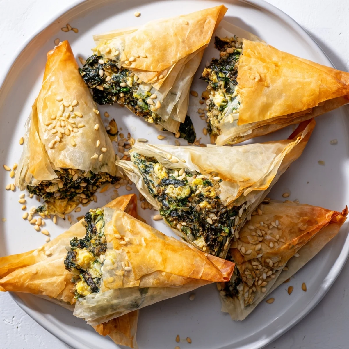 Golden brown Mini Spanakopita Triangle Clusters filled with savory spinach and feta, ready to eat.
