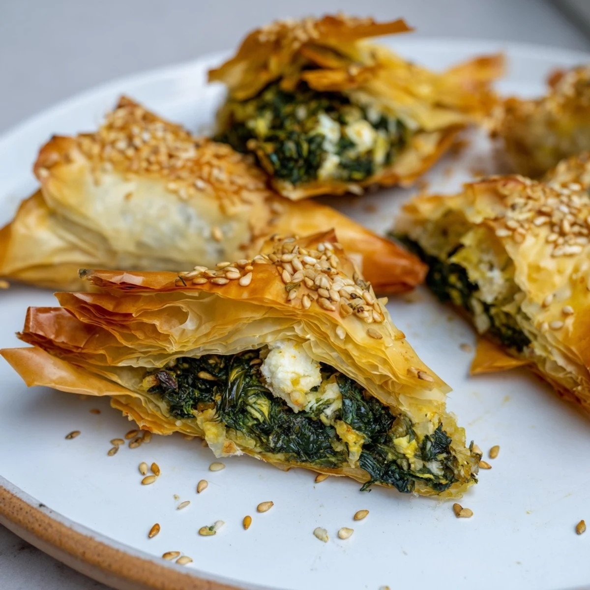 Beautifully arranged image showing a baked cluster of crispy Mini Spanakopita triangles before serving.