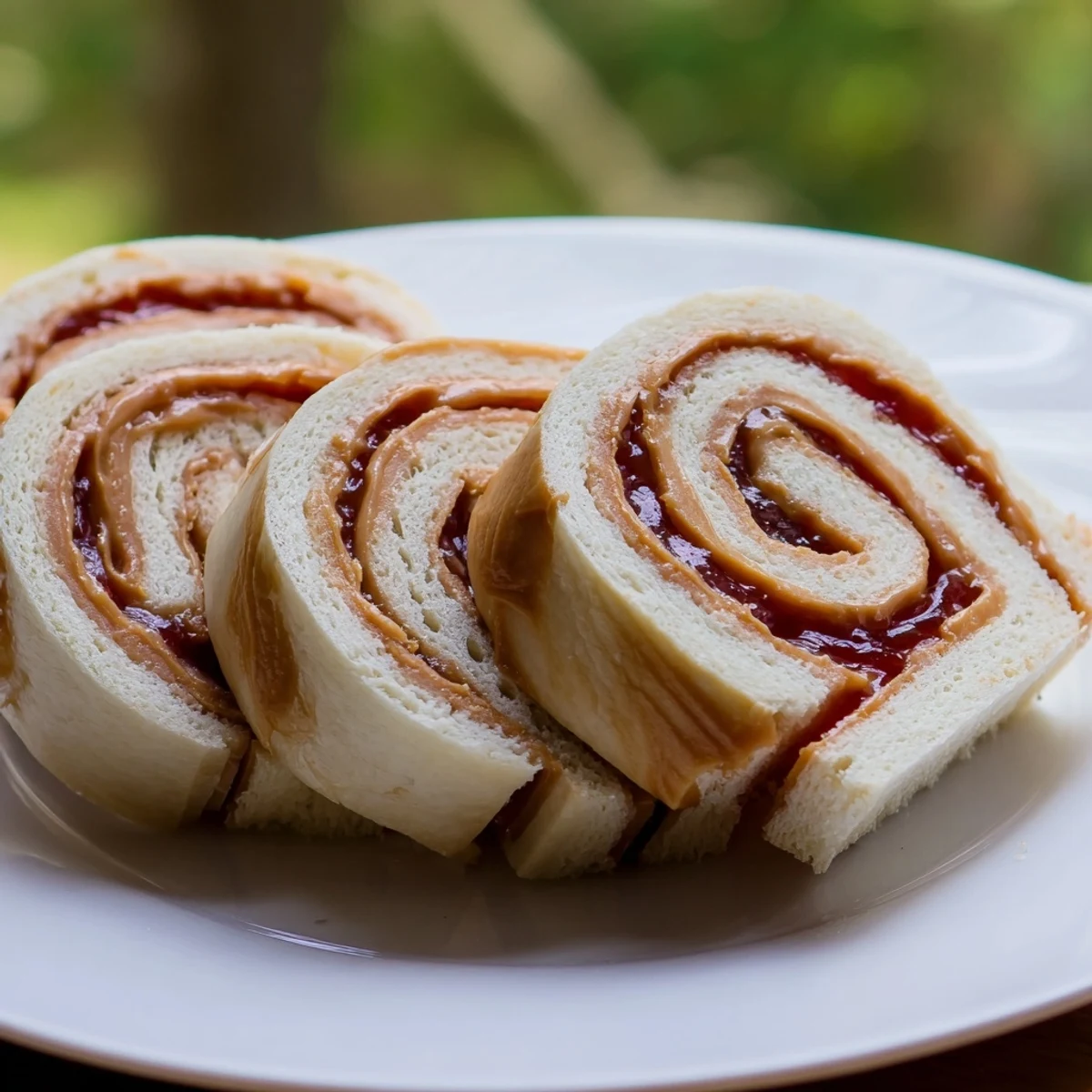 Close-up of freshly cut, visually appealing PB&J pinwheel sandwiches, perfect for a kids' party.
