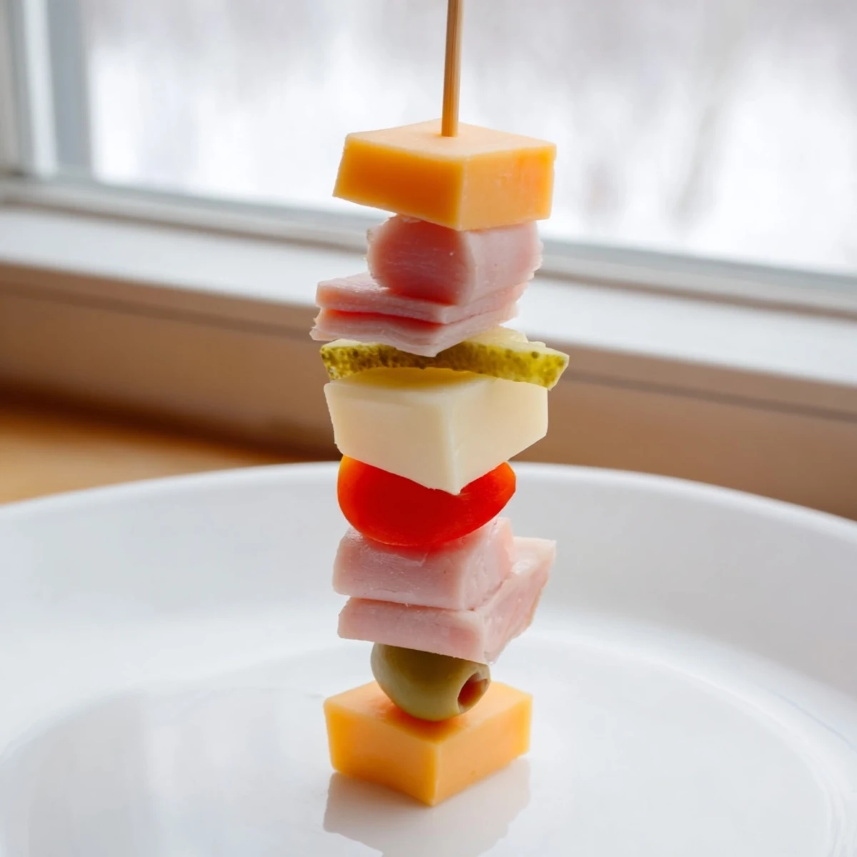 Savory Skewers: meat, cheese, and pickle cubes make a colorful and flavorful appetizer presentation.