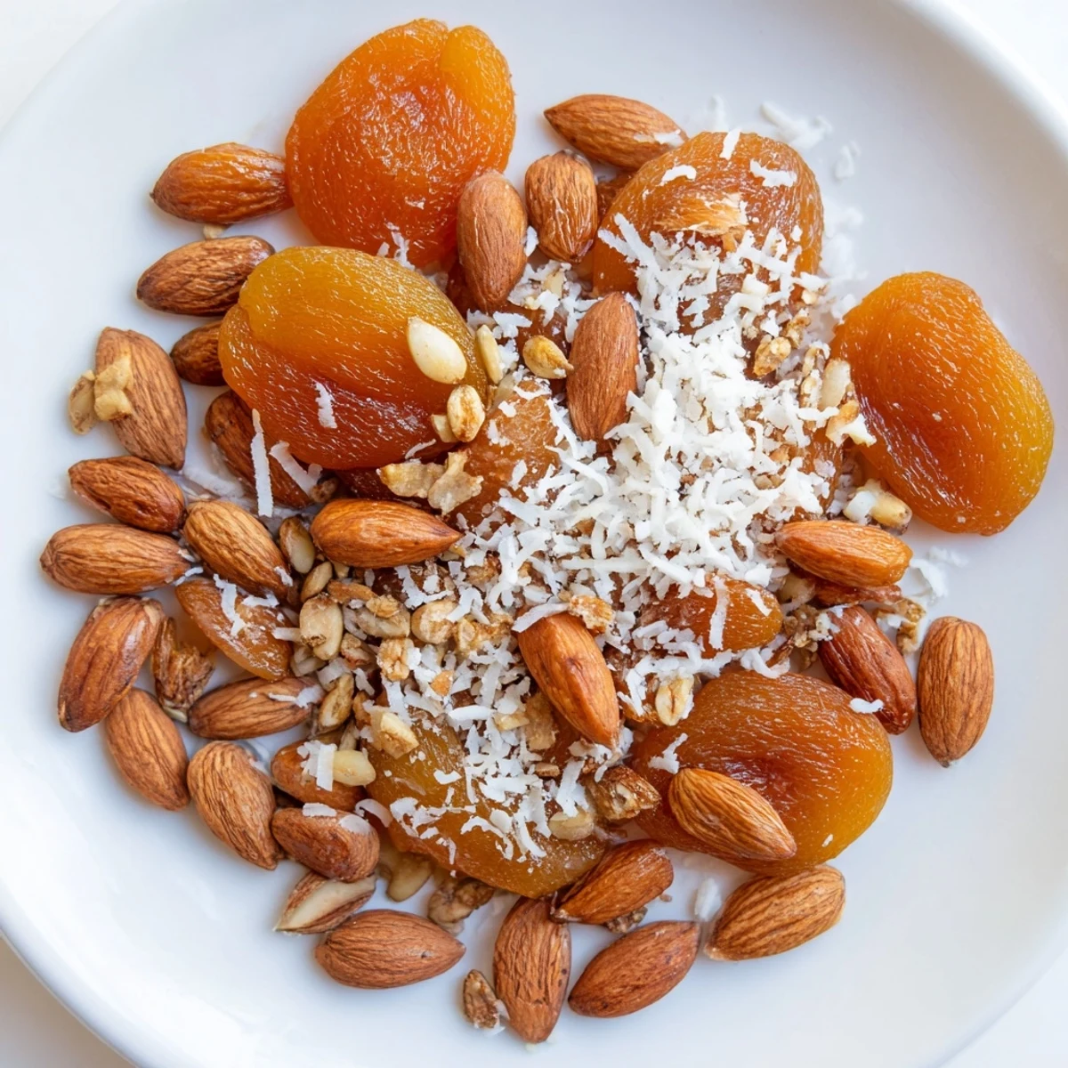 Simple pile of fruit & nut snack with almonds and apricots; ready to eat.