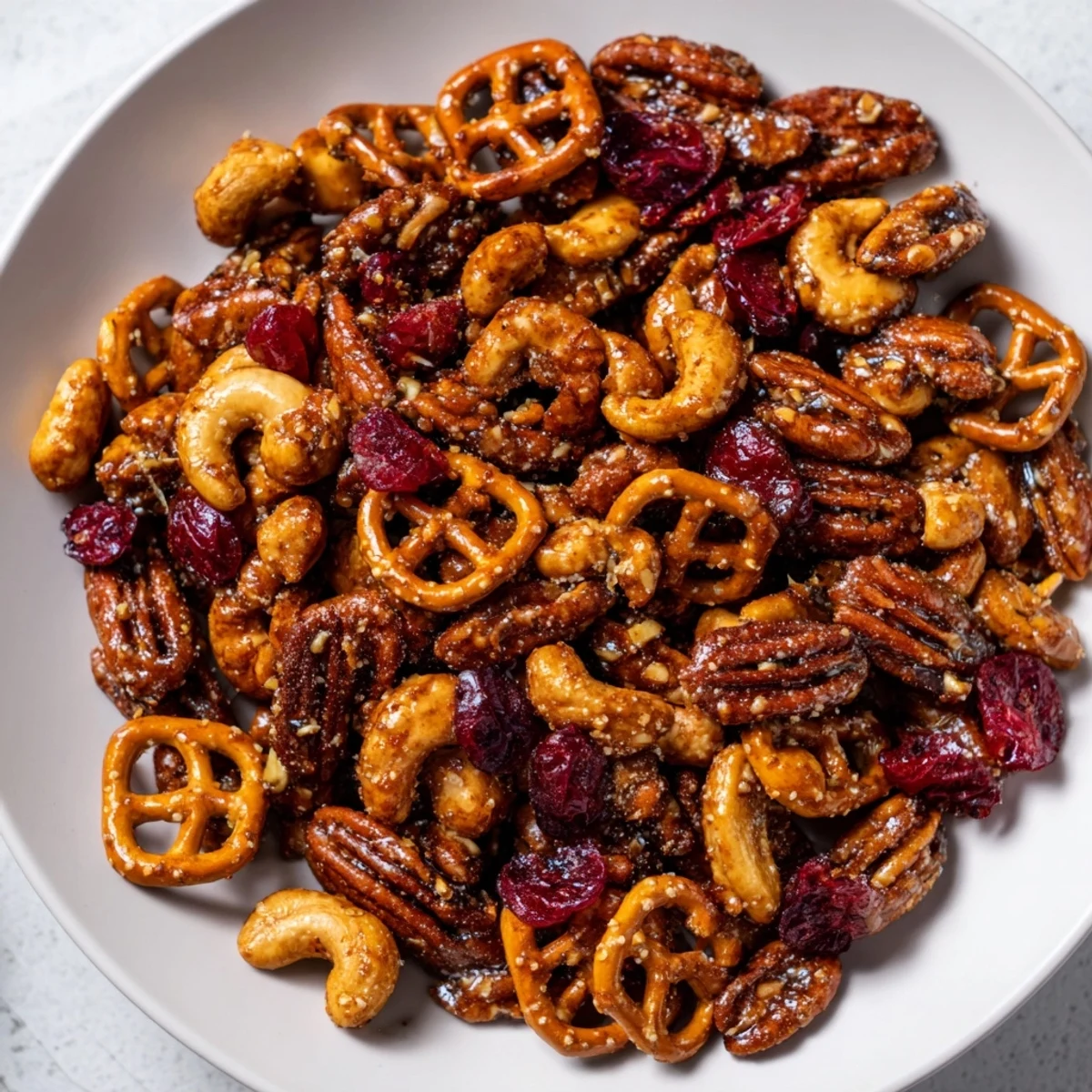 Golden-brown Sweet and Salty Holiday Nut Bowl: a delectable mix with crunchy pretzels and cranberries.