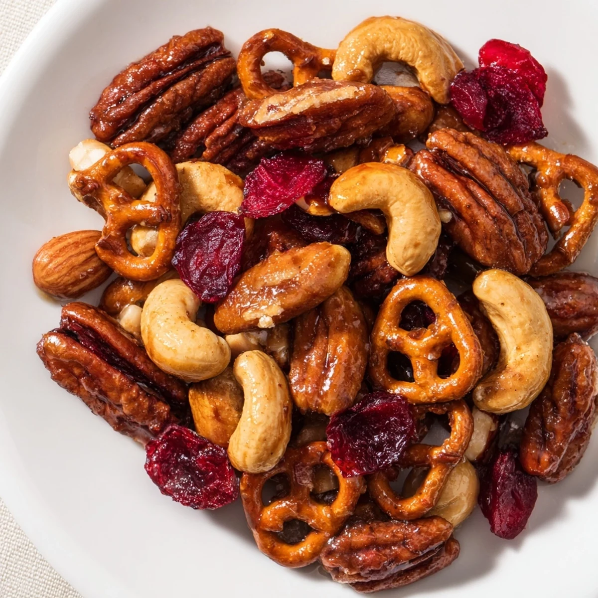Close-up of a festive Sweet and Salty Holiday Nut Bowl featuring toasted nuts and holiday spices.