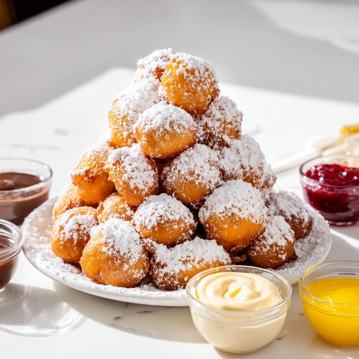 A picturesque serving of powdered donut holes, stacked high, ready to be dipped and enjoyed.