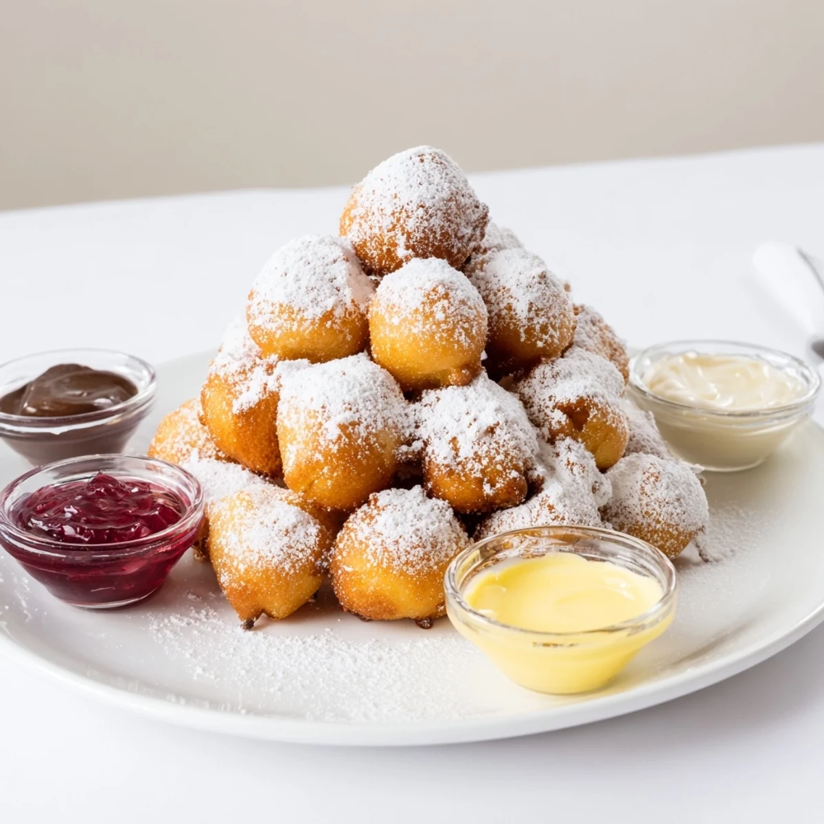 Golden-brown, freshly fried powdered donut holes form a sweet, tempting dessert mountain on a platter.