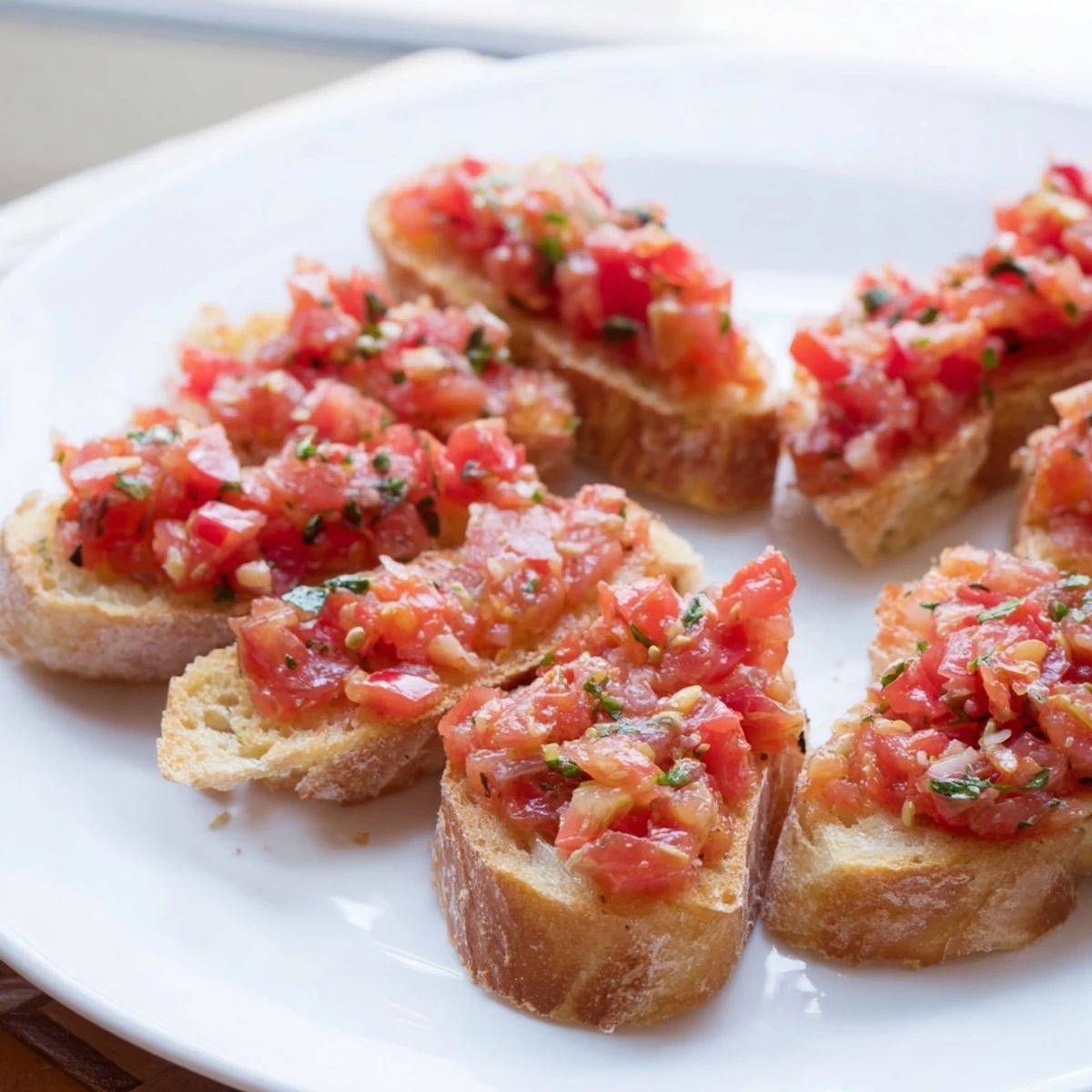 Vibrant red tomatoes and green basil top seasoned Bruschetta Toasts, perfect for sharing at your next gathering.