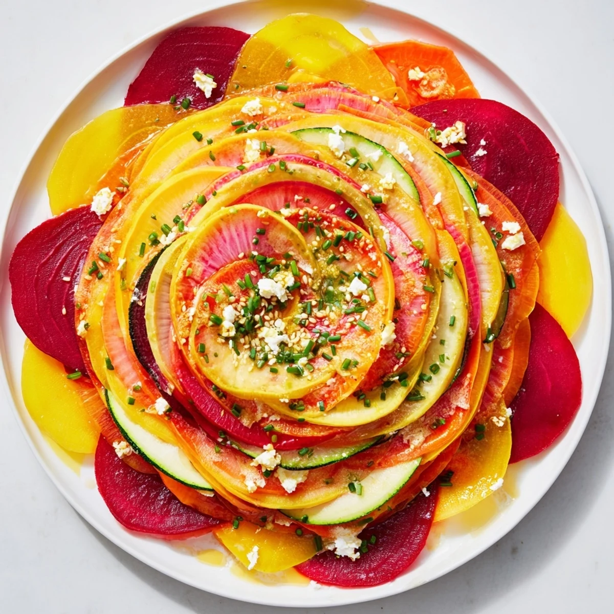 Artfully arranged vegetables and cheese star in this gorgeous Radial Symmetry Sunburst appetizer, drizzled to perfection.