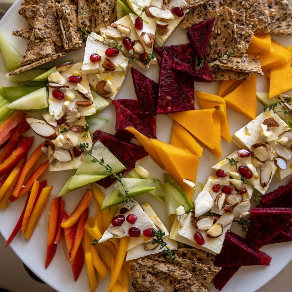 Vibrant The Tessellation Triangle appetizer board with colorful fruit, cheese, and vegetable triangles ready to eat.