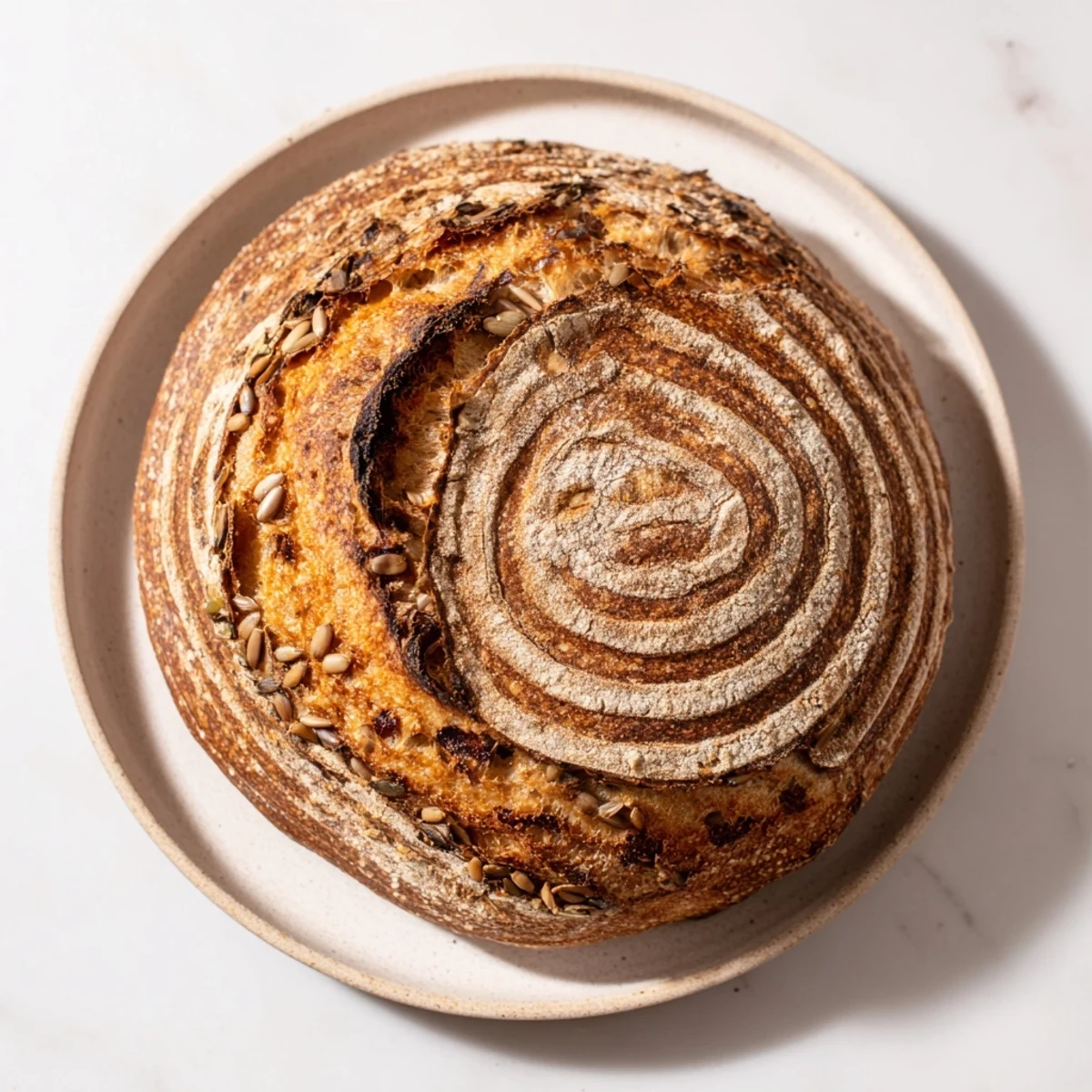 A freshly baked Fibonacci Spiral Growth Bread with a beautifully textured, golden crust, ready to slice.