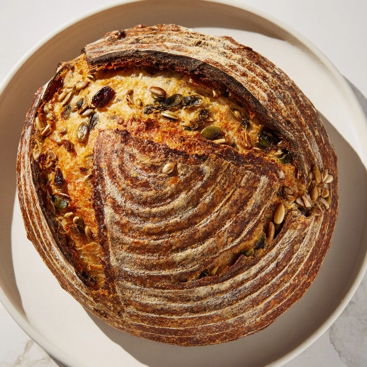 Warm, crusty Fibonacci Spiral Growth Bread showcased, highlighting the unique spiral design and variety of fillings.
