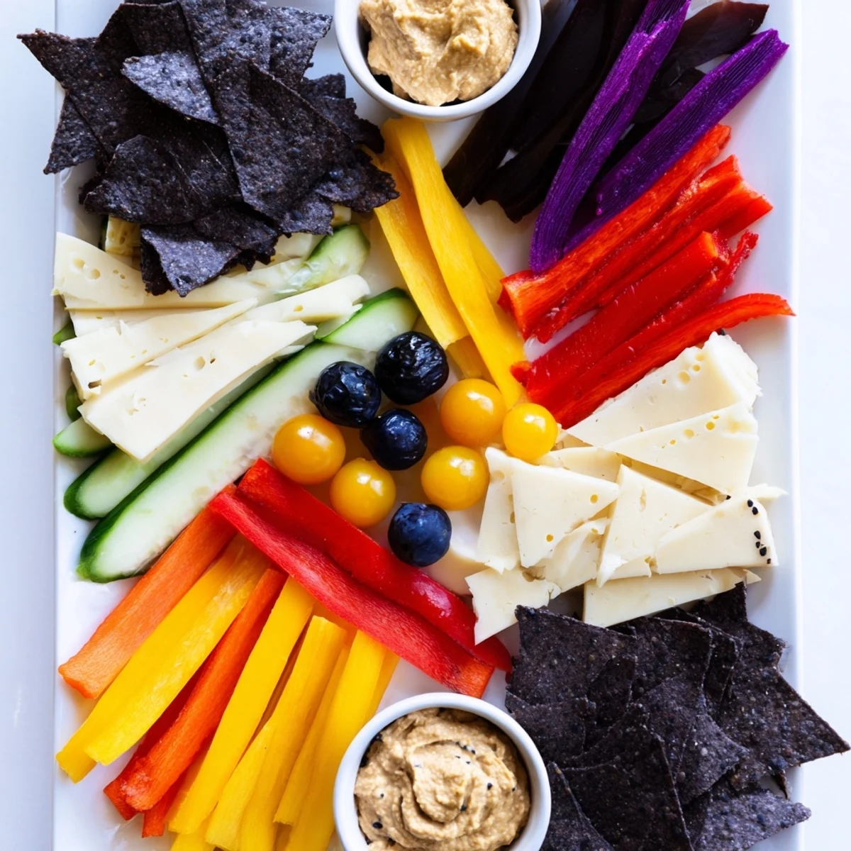 Zig-Zag Lightning Strike appetizer platter with vibrant veggies, cheeses dipped in hummus, ready to serve.